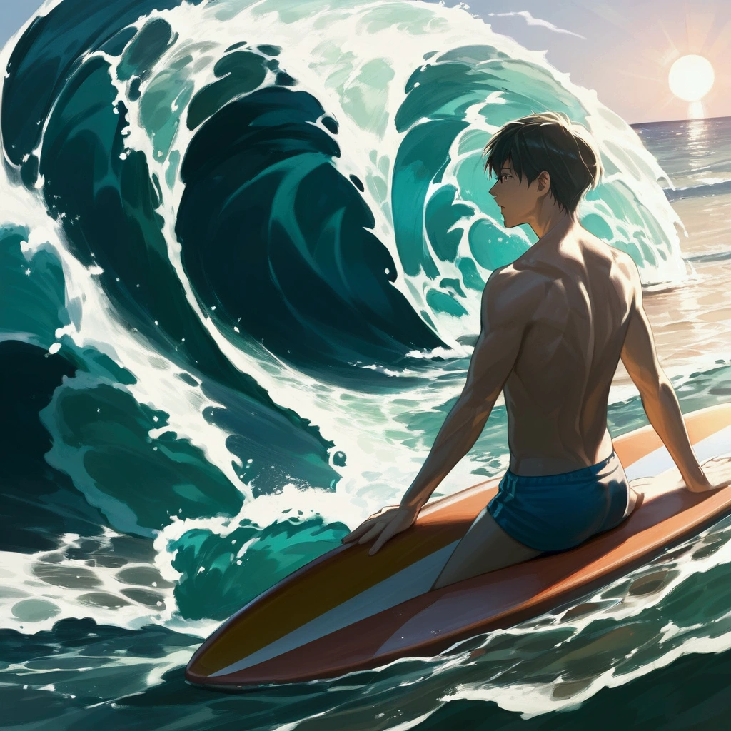 score_9, score_8_up, score_7_up, source_anime, 1boy, swimwear, surfboard, Surfing, perfect hands, sun, blue sky, sea, wave, Shining Splash, masterpiece, best quality, detailed, 