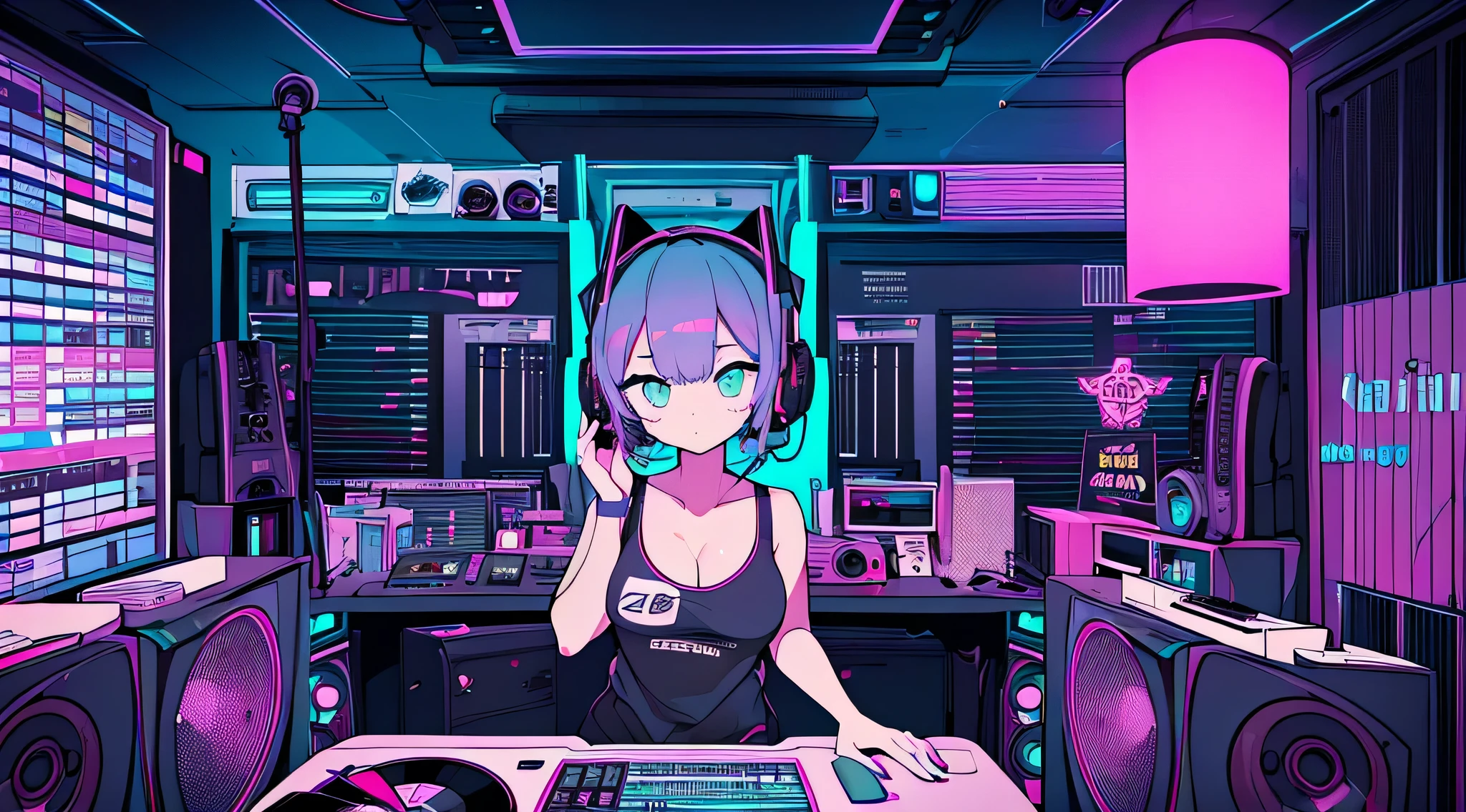 Best quality, (masterpiece), best detail face,1 girl, a little big breasts, 18 yo, 8k,absurdres,unity 8k wall paper,(extremely detailed:1.3), highest realistic, (retro headphones:), (soft neon light:), (psychedelic), Her room full of music equipment and records, sports wear , See the whole room , dark yellow color pallet