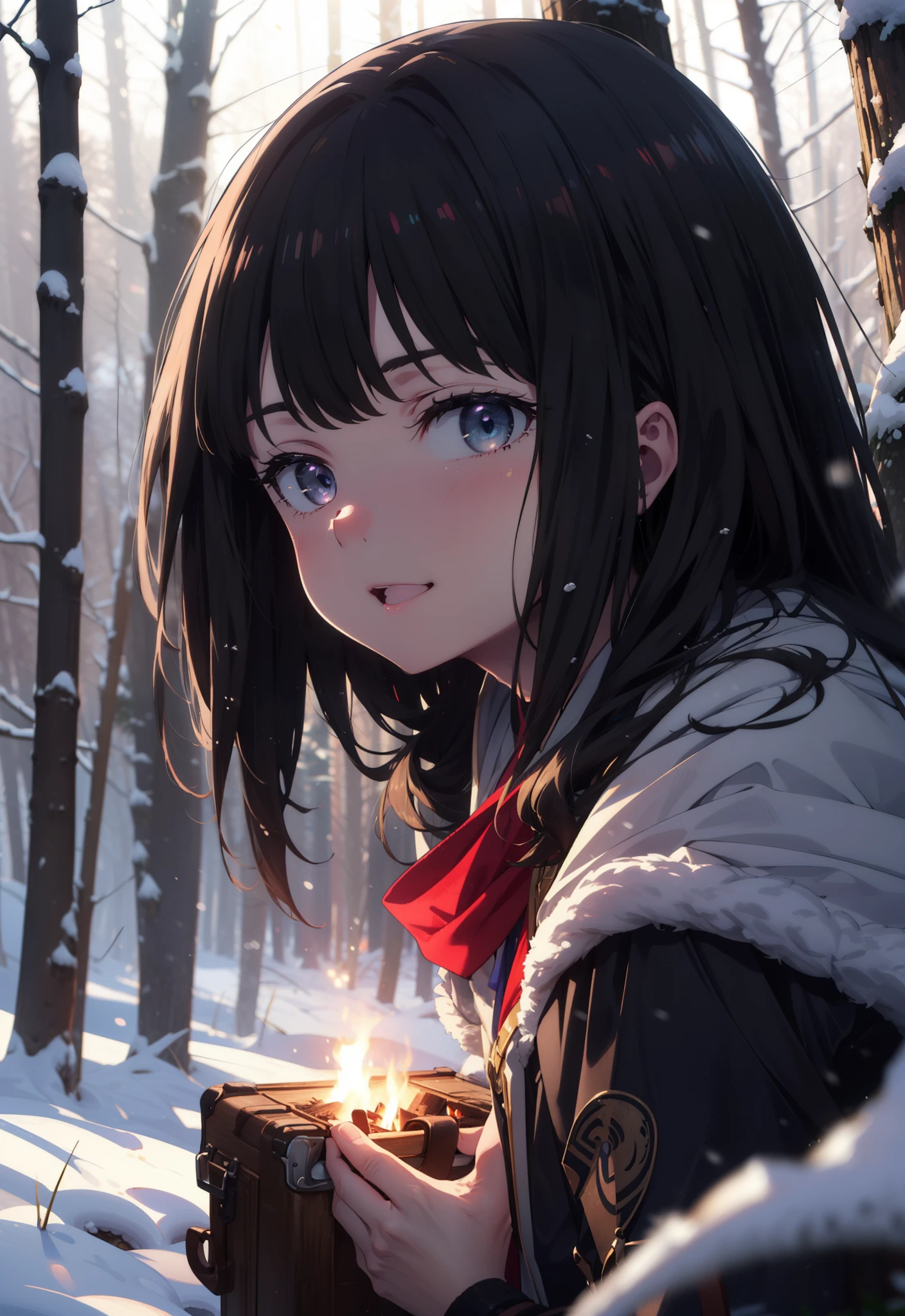 Takiuchi, Inoue Check, Long Hair, bangs, Black Hair, (Purple eyes:1.2),smile,
Open your mouth,snow,Bonfire, Outdoor, boots, snowing, From the side, wood, suitcase, Cape, Blurred, forest,  nature, Squat,  Cape, winter, Written boundary depth, Black shoes, blue Cape break looking at viewer, Upper Body, whole body, break Outdoor, forest, nature, break (masterpiece:1.2), Highest quality, High resolution, unity 8k wallpaper, (shape:0.8), (Beautiful and beautiful eyes:1.6), Highly detailed face, Perfect lighting, Extremely detailed CG, (Perfect hands, Perfect Anatomy),
