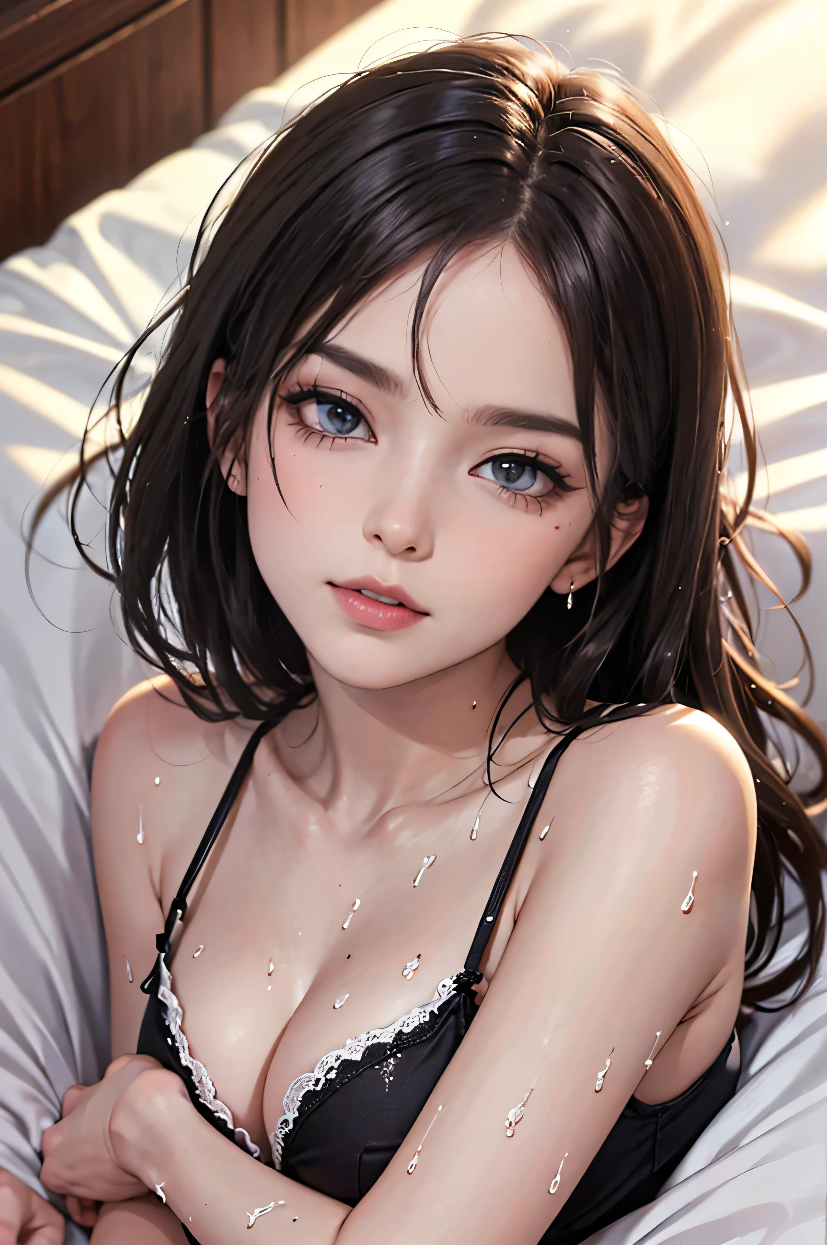 ((beatiful girl:1.3)) ((under wear:1.4)) ((on the bed:1.4)) ((stylish hotel:1.2)) ((sweat:1.5)) best quality,masterpiece,ultra high res,(photorealistic:1.4),raw photo,(Authentic skin texture:1.3),(film grain:1.3),studio strobe photography,detailed skin,panorama,character portrait,very wide shot,narrow waist,cowboy shot,(in the dark, deep shadow, low key, cold light,) night,(()),streaming tears,dust,Tyndall effect,(expression),,beautiful detailed eyes and face,brown eyes, ((full body:)) ((close up:)) ((afterglow)) ((aroused:1.3)) ((wet:1.1)) ((lying down))