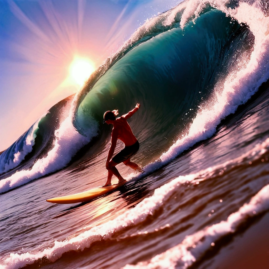 score_9, score_8_up, score_7_up, source_anime, 1boy, swimwear, surfboard, Surfing, perfect hands, sun, blue sky, sea, wave, Shining Splash, masterpiece, best quality, detailed,