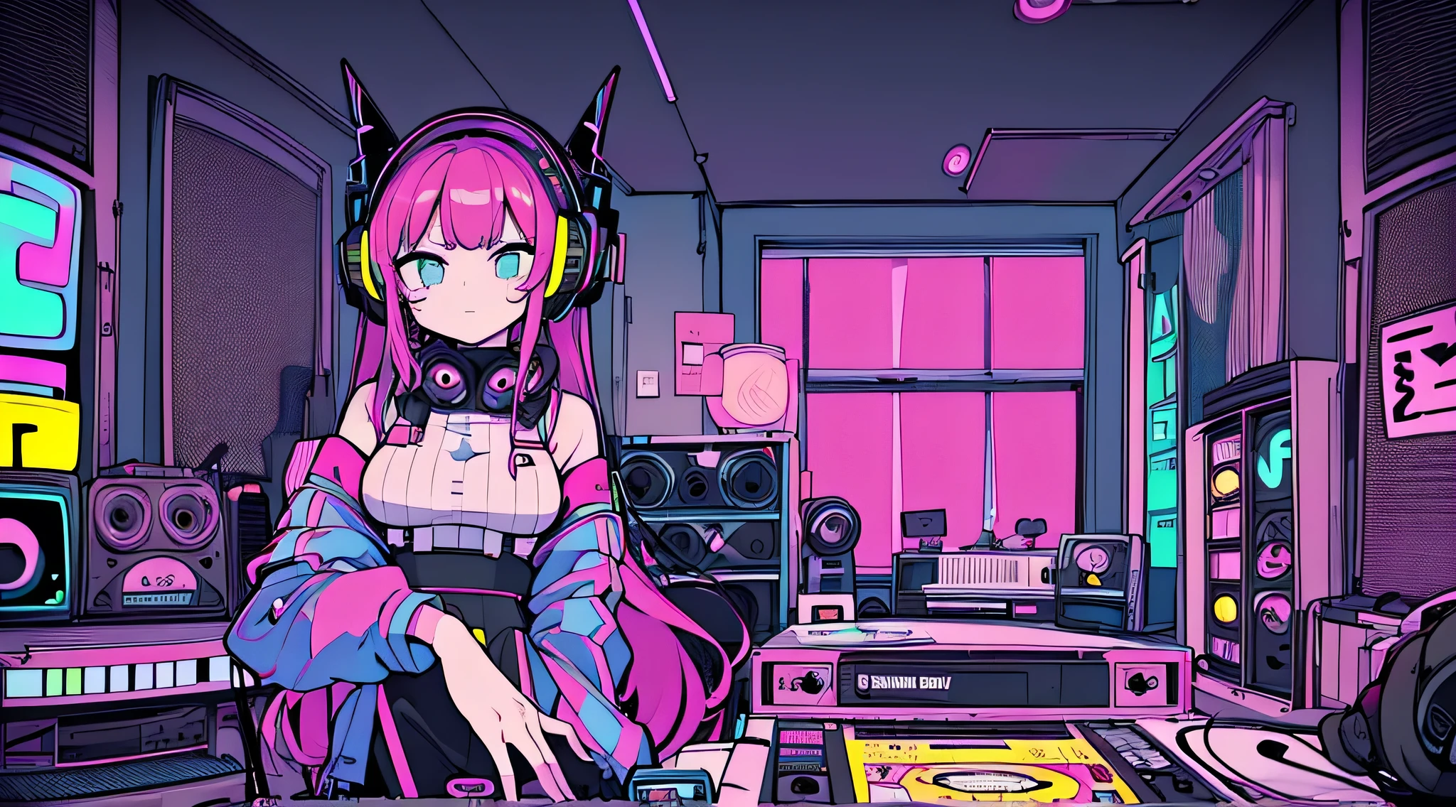 Best quality, (masterpiece), best detail face,1 girl, a little big breasts, 18 yo, 8k,absurdres,unity 8k wall paper,(extremely detailed:1.3), highest realistic, (retro headphones:), (soft neon light:), (psychedelic), Her room full of music equipment and records, sports wear , See the whole room , dark yellow color pallet