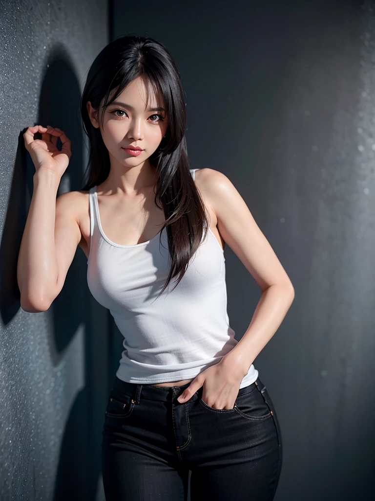 very realistic photography, detailed long shot of short black shoulder length hair flowing on a rather large Indonesian woman, alluring beauty, luxurious sparkling eyes, uhd, 8k, dynamic lighting, colorful accents, realism, highly detailed matte pastel colors, leaning head against wall, wearing, white tank top, mini pants, camera eye contact, fractals