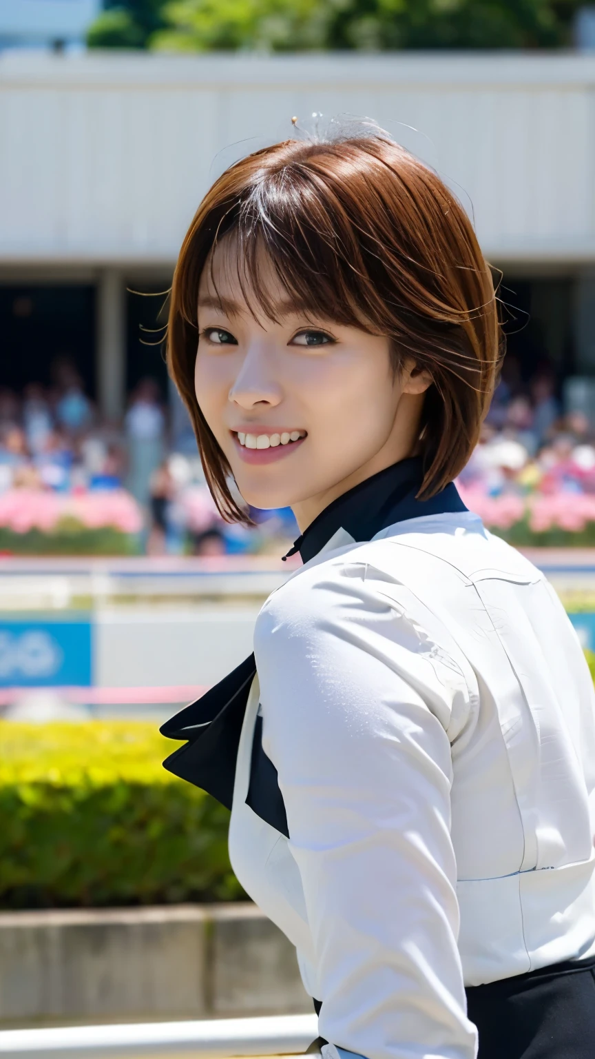 (((Beautiful women boxer))),(((Perfect Anatomyに基づいた四肢を丁寧に描写する4K撮影))),(((The large Olympic equestrian arena, with stadiums and seating set up in the magnificently beautiful gardens of the Palace of Versailles, where equestrian events are held, is packed with spectators as far as the eye can see.))),(((Beautiful equestrian athletes who work together as one to brilliantly jump over obstacles on the course))), A Japanese national equestrian with a beautiful, long-limbed, coke-bottle body and a beloved horse with a magnificent body,Dressed in the traditional black jacket, white culottes, white athletic shirt, white gloves and brown boots.,(((Elegant posture and mannerisms))),(((With a smile on her face, she takes the reins and enters the course with her beloved horse.))),(((A beautiful and elegant equestrian who hates to lose,Stunning gardens with nearby views of the Palace of Versailles,A gentle gaze towards his beloved horse))),(((Perfect Anatomy:1.6))),(((Ulsan - 6500))),(((Hasselblad produces deep depth of field for beautiful background bokeh))),masterpiece,Highest quality,Ultra-high resolution,Highly detailed portrait,High nose and beautiful face,Model-like limbs,The sweat on his fair neck is shining and dazzling,((4K footage capturing the essence of the action from close up)),Cute 20 year old, (((The beautiful, shiny chestnut-colored asymmetrical short hair at the nape of the neck is sexy.))),Long eyelashes, big eyes and double eyelids,((Glossy thick lips)),(((Perfect Anatomy))),