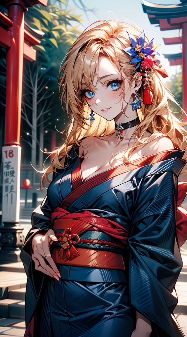 ((Light brown long hair:1.9, Wavy Hair:1.6, Asymmetrical hair:1.8, Half Up Hair)), (Sparkling blue eyes:1.4)beautiful, beautiful woman, Perfect Anatomy, Perfect body, Perfect breasts, ((kimono:1.8, choker:1.6)), ((Japan gardens in winter:1.98, torii)), Captivating Gaze, smile, realism, masterpiece, Rough skin , Very detailed, Attention to detail, high quality, 最high quality, 1080P, 16K