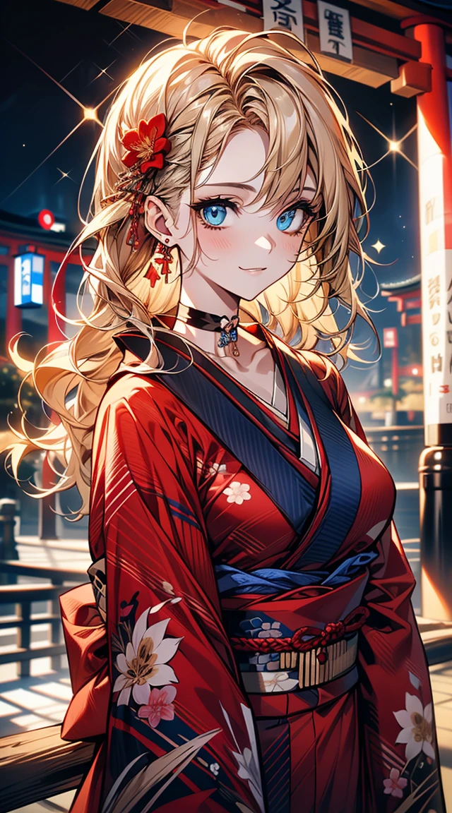 ((Light brown long hair:1.9, Wavy Hair:1.6, Asymmetrical hair:1.8, Half Up Hair)), (Sparkling blue eyes:1.4)beautiful, beautiful woman, Perfect Anatomy, Perfect body, Perfect breasts, ((kimono:1.8, choker:1.6)), ((Japan gardens in winter:1.98, torii)), Captivating Gaze, smile, realism, masterpiece, Rough skin , Very detailed, Attention to detail, high quality, 最high quality, 1080P, 16K 