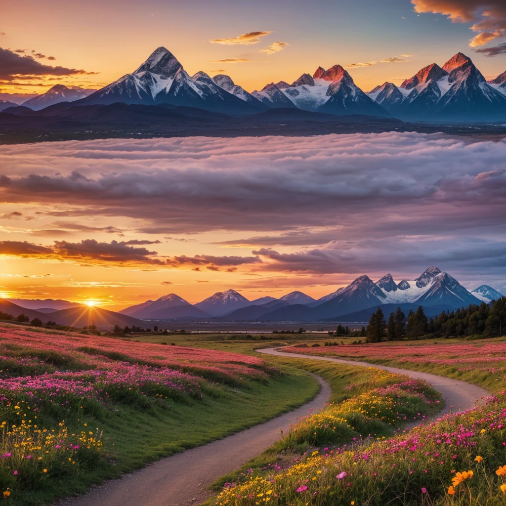 A breathtaking sunrise or sunset with warm, vibrant hues of orange, pink, and purple, illuminating a winding path that disappears into a stunning landscape, symbolizing a bright future and fulfilled desires. The path, lined with lush greenery and blooming wildflowers, stretches towards the horizon, where the sky meets the landscape, evoking a sense of hope and optimism. The clouds are tinted with shades of coral and salmon, adding depth and texture to the scene. In the distance, majestic mountains rise, their rugged peaks still capped with a dusting of snow, while the foreground features a few strategically placed rocks and boulders, guiding the viewer's eye towards the vanishing point. The atmosphere is serene, with a few wispy clouds scattered across the sky, and a subtle warm glow emanating from the core of the sun, casting a golden light on the entire scene.