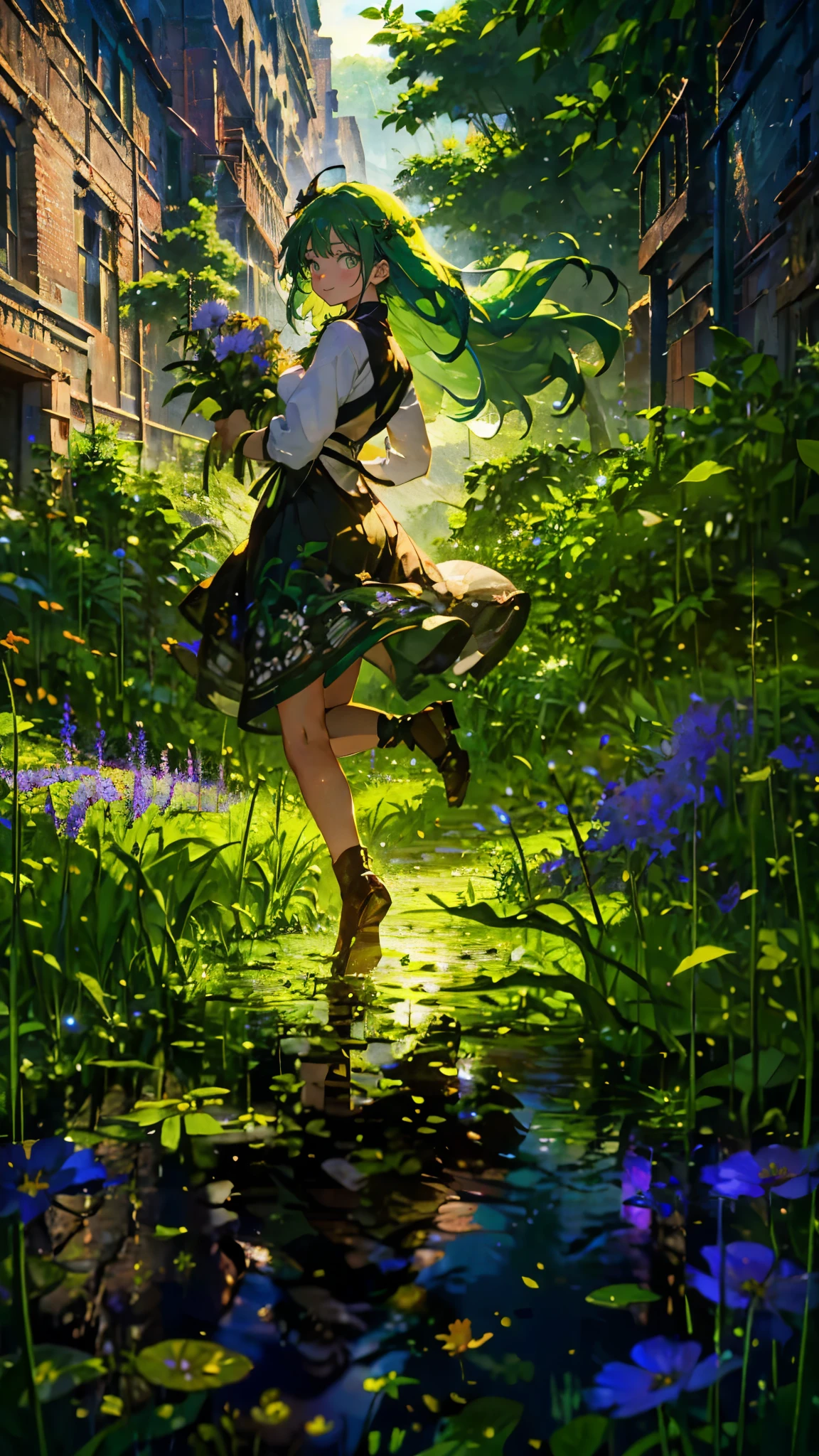 (Mastepiece), (Best Quality), Very detailed, 1 girl, (Full body solo shot:1.4), Perfect Face, beautiful girl, Very detailedな顔，(Green hair long hair:1.5)，(Green Eyes:1.4)，(Lots of butterflies々:1.2)、(Abandoned City、Plants、Flower Field:1.4)、(Lots of petals:1.3)、Fairy、mysterious、Fantasy、beautiful、beautiful、(A big smile:1.4)、jump