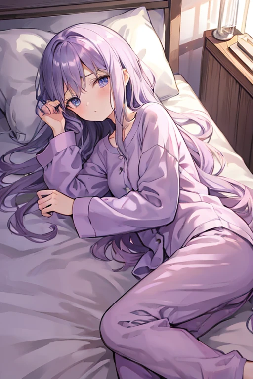 Good quality, perfect quality, perfect, Adult Anime Girl 2d Long Hair Loose light Purple-Grayish, Age Adulthood adult, lying Tucked into her bed, stressed, trying to sleep, lights off, night, soft, long pijama, long trousers, lying in her bed, Covered by a blanket