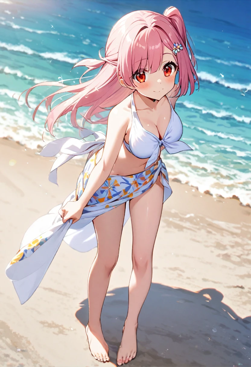 1 girl(white pareo, pink hair, half side up hair, flower hair clip, red eye, barefoot), sea side beach,