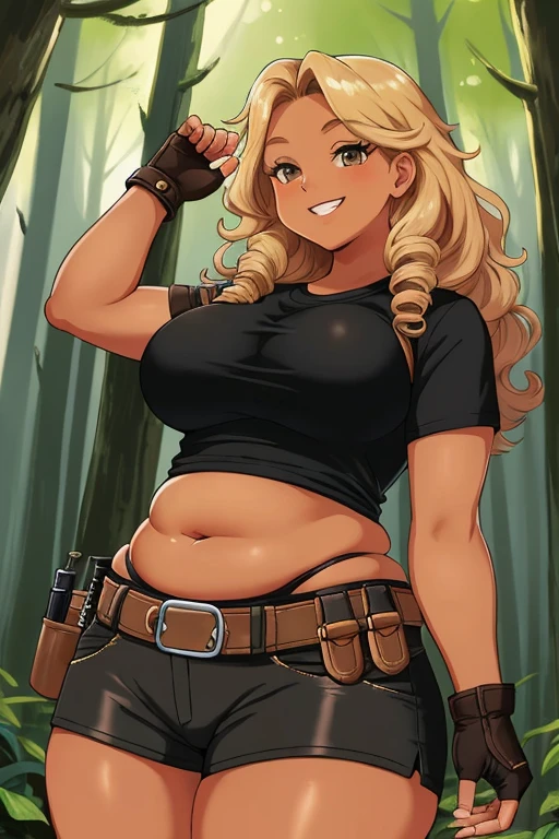 ((Best Quality)), ((masterpiece)), (detailed) 1 girl,short tight black t-shirt,fitted shorts,Tool Belt,short leather fingerless gloves,call of duty clothing style,tanned brown skin,medium long curly blonde hair,long eyelashes,big breasts,chubby,plump,wide hips,short stature,perspective from below,smiling,forest at night,