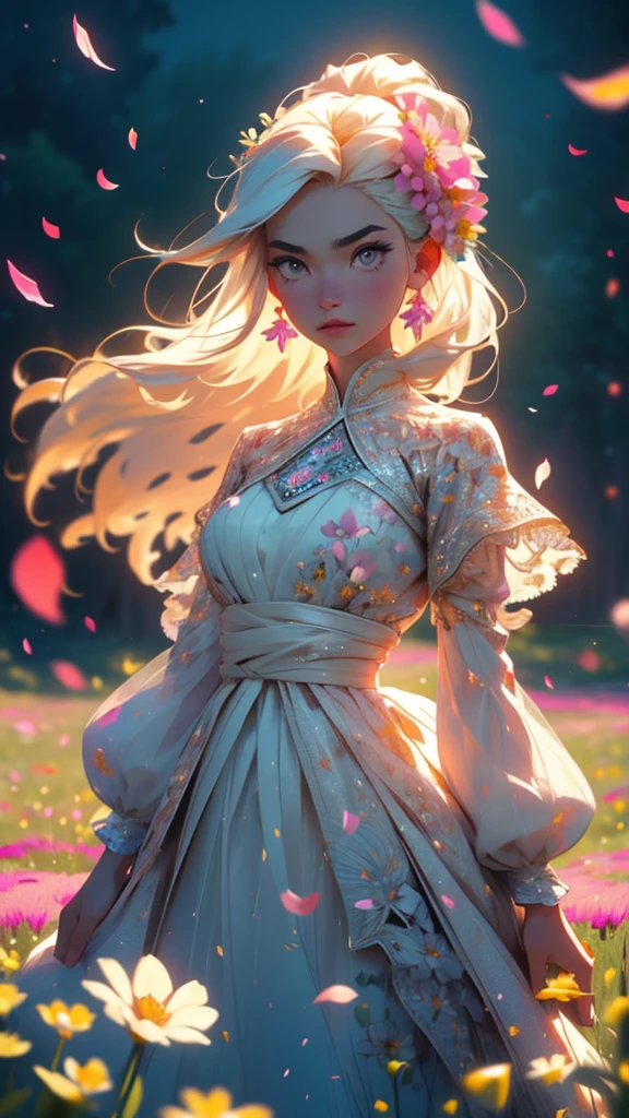 Princess Barbie in cute light pink dress, hires, extremely detaild, detailed back ground, diffuse natural lighting, (field of flowers, flower petals, surrounded by flowers:1.4), (Zentangle, Fractal Art:1.3), (many colors, colorfully:1.1), Facial Focus), seducer, wind blown, aretes, Wear delicate exotic clothes, ((full body shot shot)), 精致的面容, Caucasian skin, Delicate facial features, perfect facial features, delicate hair portrait, delicate representation of the eyes, 8K image quality, a sense of atmosphere, highest quality, Masterpiece artwork, extreme detail, high resolution, blurry foreground, foreshortening, Luminism, cinematic lighting, wide plan, work of art, retinas, texturized skin, anatomically correcte, best qualityer, awardwinning