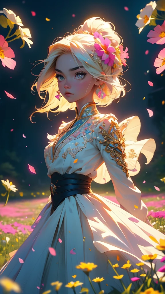 Princess Barbie in cute light pink dress, hires, extremely detaild, detailed back ground, diffuse natural lighting, (field of flowers, flower petals, surrounded by flowers:1.4), (Zentangle, Fractal Art:1.3), (many colors, colorfully:1.1), Facial Focus), seducer, wind blown, aretes, Wear delicate exotic clothes, ((full body shot shot)), 精致的面容, Caucasian skin, Delicate facial features, perfect facial features, delicate hair portrait, delicate representation of the eyes, 8K image quality, a sense of atmosphere, highest  quality, Masterpiece artwork, extreme detail, high resolution, blurry foreground, foreshortening, Luminism, cinematic lighting, wide plan, work of art, retinas, texturized skin, anatomically correcte, best qualityer, awardwinning