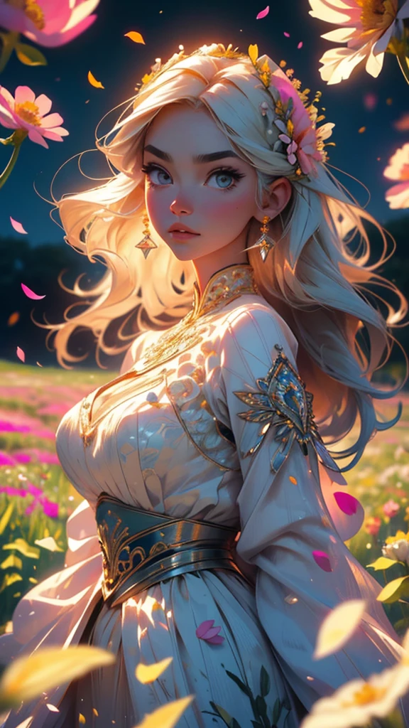 Princess Barbie in cute light pink dress, hires, extremely detaild, detailed back ground, diffuse natural lighting, (field of flowers, flower petals, surrounded by flowers:1.4), (Zentangle, Fractal Art:1.3), (many colors, colorfully:1.1), Facial Focus), seducer, wind blown, aretes, Wear delicate exotic clothes, ((full body shot shot)), 精致的面容, Caucasian skin, Delicate facial features, perfect facial features, delicate hair portrait, delicate representation of the eyes, 8K image quality, a sense of atmosphere, highest quality, Masterpiece artwork, extreme detail, high resolution, blurry foreground, foreshortening, Luminism, cinematic lighting, wide plan, work of art, retinas, texturized skin, anatomically correcte, best qualityer, awardwinning