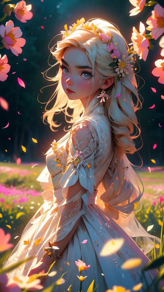 Princess Barbie in cute light pink dress, hires, extremely detaild, detailed back ground, diffuse natural lighting, (field of flowers, flower petals, surrounded by flowers:1.4), (Zentangle, Fractal Art:1.3), (many colors, colorfully:1.1), Facial Focus), seducer, wind blown, aretes, Wear delicate exotic clothes, ((full body shot shot)), 精致的面容, Caucasian skin, Delicate facial features, perfect facial features, delicate hair portrait, delicate representation of the eyes, 8K image quality, a sense of atmosphere, highest  quality, Masterpiece artwork, extreme detail, high resolution, blurry foreground, foreshortening, Luminism, cinematic lighting, wide plan, work of art, retinas, texturized skin, anatomically correcte, best qualityer, awardwinning