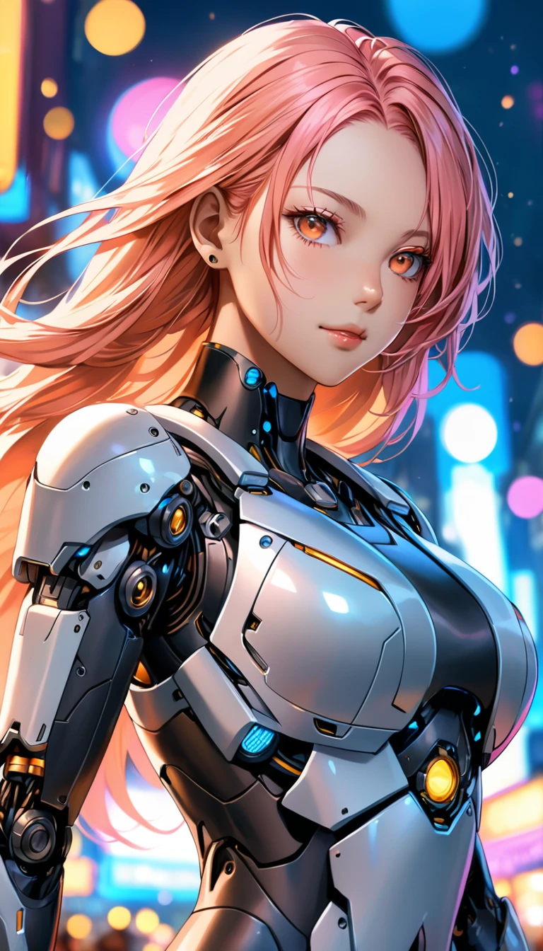 female,robot ,female,robot cyborg mech, peach hair, cyberpunk:0.35, perfect lighting, perfect shading, detailed, intricate, (perfect body), beautiful face, flowing hair, ((full torso)), photorealistic:1.35, mature adult:1.4, 8K, RAW, best quality, masterpiece, ultra high res, colorful, portrait, (medium wide shot), (dynamic perspective), sharp focus , (depth of field, bokeh:1.3), extremely detailed eyes and face, beautiful detailed eyes,