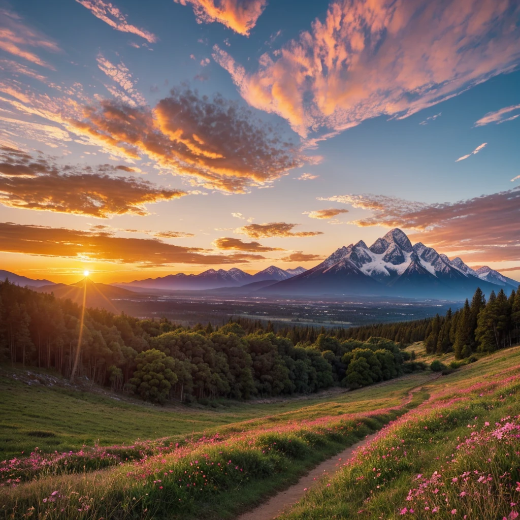 A breathtaking sunrise or sunset with warm, vibrant hues of orange, pink, and purple, illuminating a winding path that disappears into a stunning landscape, symbolizing a bright future and fulfilled desires. The path, lined with lush greenery and blooming wildflowers, stretches towards the horizon, where the sky meets the landscape, evoking a sense of hope and optimism. The clouds are tinted with shades of coral and salmon, adding depth and texture to the scene. In the distance, majestic mountains rise, their rugged peaks still capped with a dusting of snow, while the foreground features a few strategically placed rocks and boulders, guiding the viewer's eye towards the vanishing point. The atmosphere is serene, with a few wispy clouds scattered across the sky, and a subtle warm glow emanating from the core of the sun, casting a golden light on the entire scene.