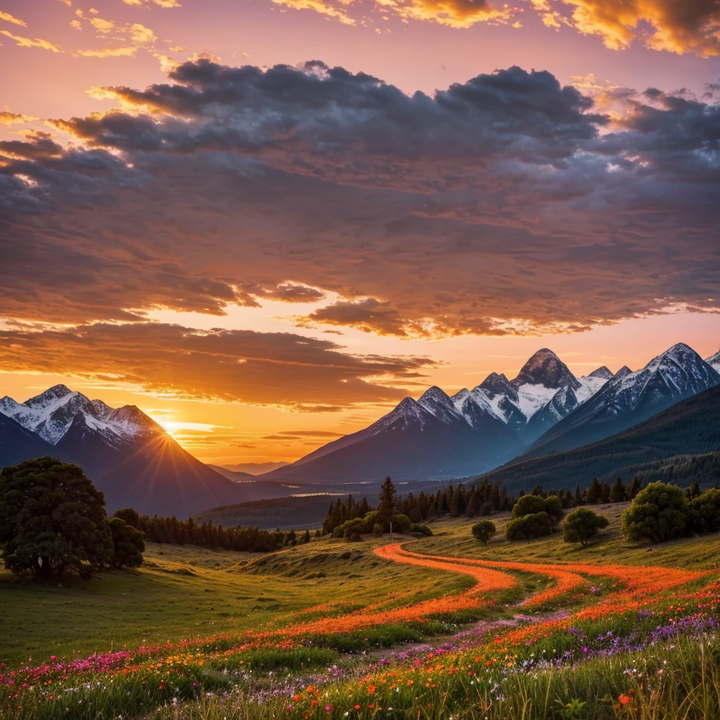 A breathtaking sunrise or sunset with warm, vibrant hues of orange, pink, and purple, illuminating a winding path that disappears into a stunning landscape, symbolizing a bright future and fulfilled desires. The path, lined with lush greenery and blooming wildflowers, stretches towards the horizon, where the sky meets the landscape, evoking a sense of hope and optimism. The clouds are tinted with shades of coral and salmon, adding depth and texture to the scene. In the distance, majestic mountains rise, their rugged peaks still capped with a dusting of snow, while the foreground features a few strategically placed rocks and boulders, guiding the viewer's eye towards the vanishing point. The atmosphere is serene, with a few wispy clouds scattered across the sky, and a subtle warm glow emanating from the core of the sun, casting a golden light on the entire scene.