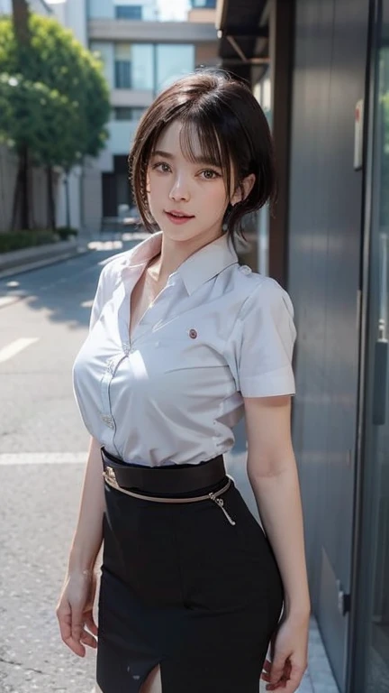 Pretty thai woman walking , (8k, best quality, masterpiece, ultra highres:1.2) Photo of Pretty thai woman beautiful, beautiful enchanting fashion contemporary painting with  , (1girl), (white shirt short sleeves), ((black pencil skirt)), belt, ((hand down)), blonde hair , short hair, , realistic skin texture, looks up, (nudity), round chin, 85 mm art lens, f 1. 2, sharp focus, 8 k high definition, insanely detailed, intricate, elegant, large breasts, black skirt
