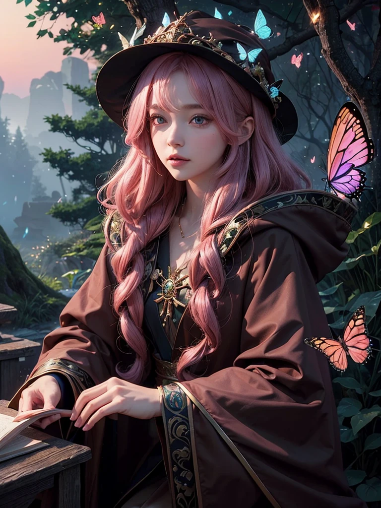 High quality, high resolution, close-up of a beautiful young wizard, wearing a brown robe and hood, close-up of long pink hair, moonlit forest, fantastical forest, fantasy art, wizard, glowing body, lots of butterflies around々 Wizard&#39;s wand