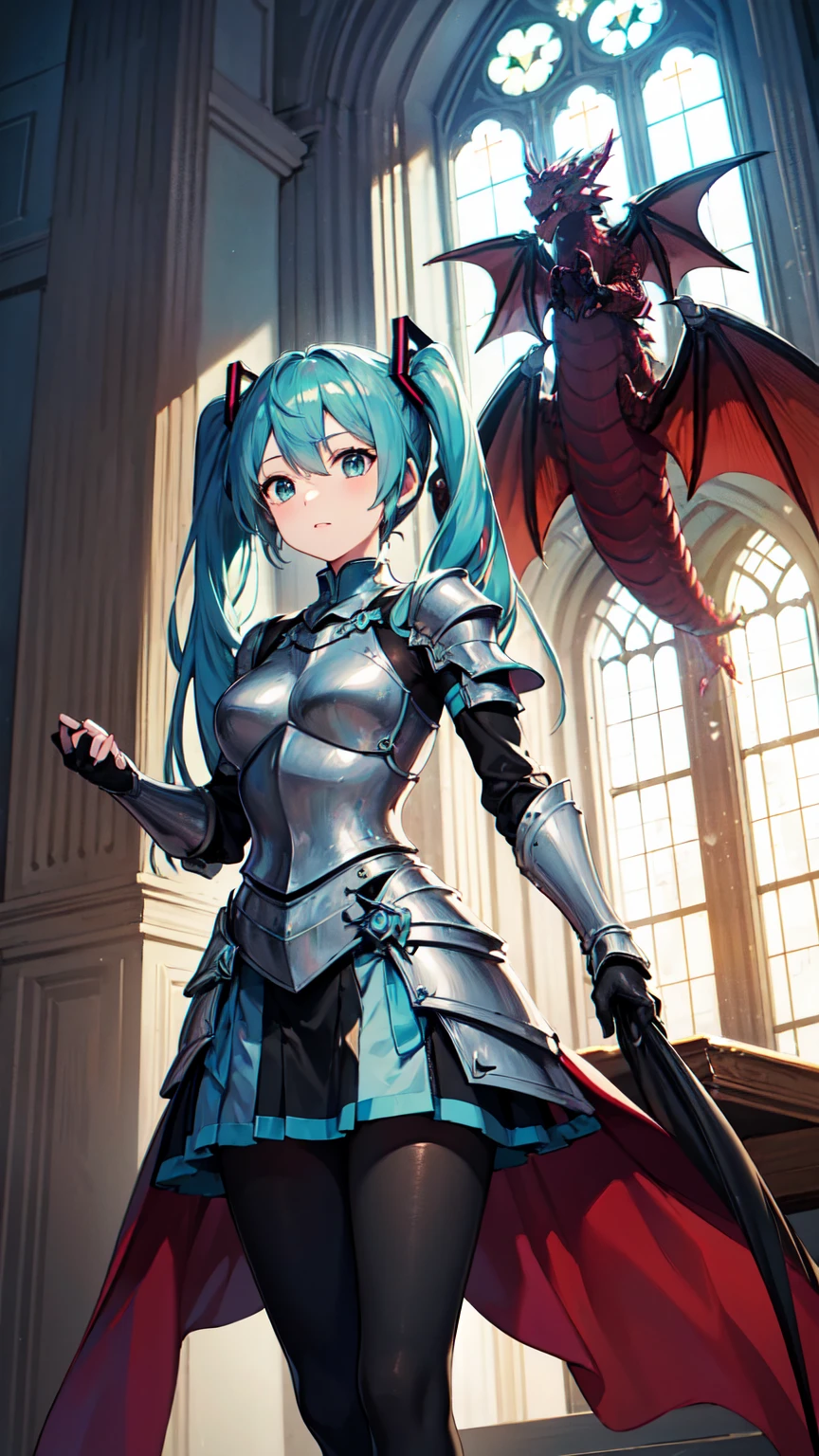 masterpiece, top quality, 8K Hatsune Miku VOCALOID, 1woman, ((dragon knight armor)), full armor, (knight armor), black tights, church