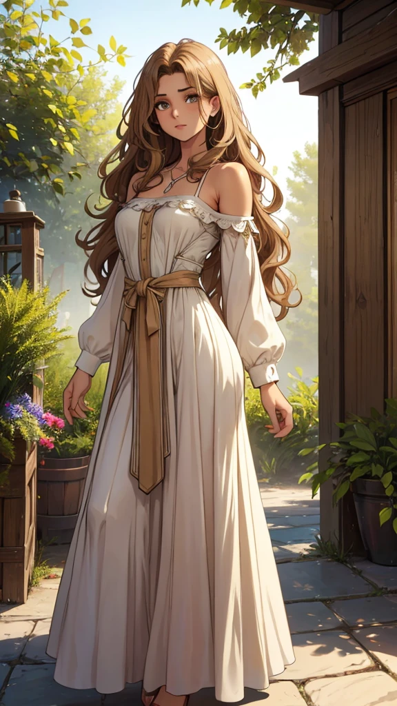 Hair: Medium to long, wavy or slightly curly, and a natural shade (likely brown or dark blonde).
Eyes: Soft, expressive, possibly hazel or light brown.
Skin Tone: Light to medium, with a natural, healthy glow.
Height and Build: Average height, slender or medium build, with a graceful and elegant posture.
Clothing Style: Modest, elegant, and slightly bohemian, reflecting a gentle and compassionate nature. Earthy tones and simple, natural fabrics.
Overall Appearance: Gentle, approachable, and warm, with an air of kindness and subtle beauty.