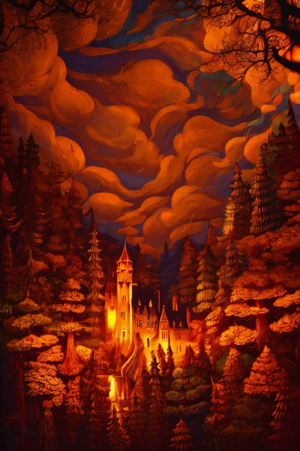 In this hyperrealistic depiction of a whimsical fairytale land, a steam engine train chugs along, its smoke billowing into the crisp, cool air. The train carriages are ornately decorated, their windows reflecting the dreams and magic that fill the air. The tracks wind through a lush forest, where fantastical castles loom large, their towers reaching towards the sky. Soft, diffused light dances through the trees, highlighting the intricate architecture of the castles and the playful creatures that frolic among the branches. Every detail is meticulously crafted, from the delicate carvings on the castle walls to the twinkling eyes of the gnomes