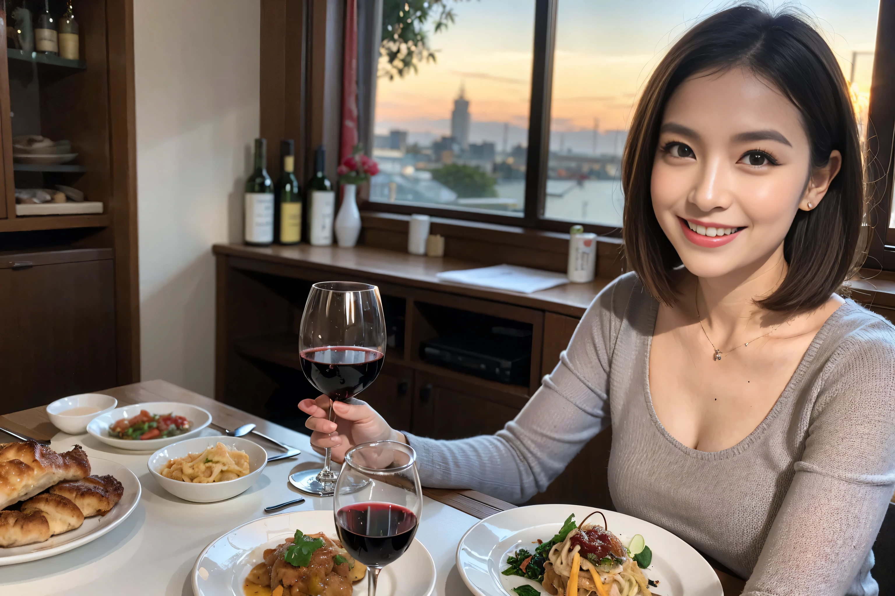 (Realistic:1.1),(masterpiece,Highest quality),8k,(49 years old), 53 years old, ベリーslimボディ、slimカップル、Tight waist,Upper Body,full-course dinner、wine 、Amazing view of the sunset sky and clouds、Perfect Anatomy, Brown Hair, short hair,Random Hairstyles,((Highly detailed face and eyes:1.2)),Perfect golden ratio face,Long sleeve shirt、dress,(smile:1.2)、Shortcuts、cute、(Realistic, Intricate details:1.2), A bright smile、short hair,Bright Face、赤wine 、Appetizers、Italian food、wine bottle、Champagne、スパークリングwine、(slimな顔), (The body is slim), (Brown Hair), (Shortcuts), Upper Body, 白wine, slim, wineグラス,