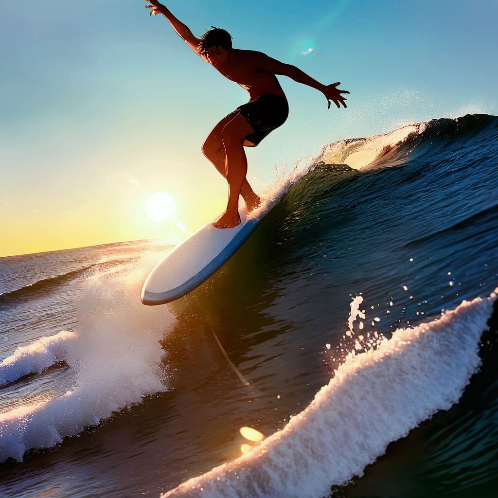 score_9, score_8_up, score_7_up, source_anime, 1boy, swimwear, surfboard, Surfing, perfect hands, sun, blue sky, sea, wave, Shining Splash, masterpiece, best quality, detailed,