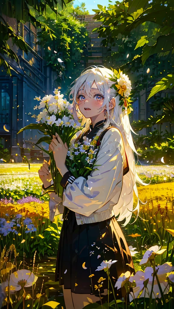 (Mastepiece), (Best Quality), Very detailed, 1 girl, (Solo Shooting:1.4), Perfect Face, beautiful girl, Very detailedな顔,(Long white hair:1.5),(Green Eyes:1.4),(Lots of butterflies々:1.2)、bird、A city with no one、(Abandoned City、Plants、Flower Field:1.4)、(Lots of petals:1.3)、Fairy、mysterious、Fantasy、beautiful、beautiful、(Close your eyes and laugh:1.3)、(A big smile:1.4)、jump