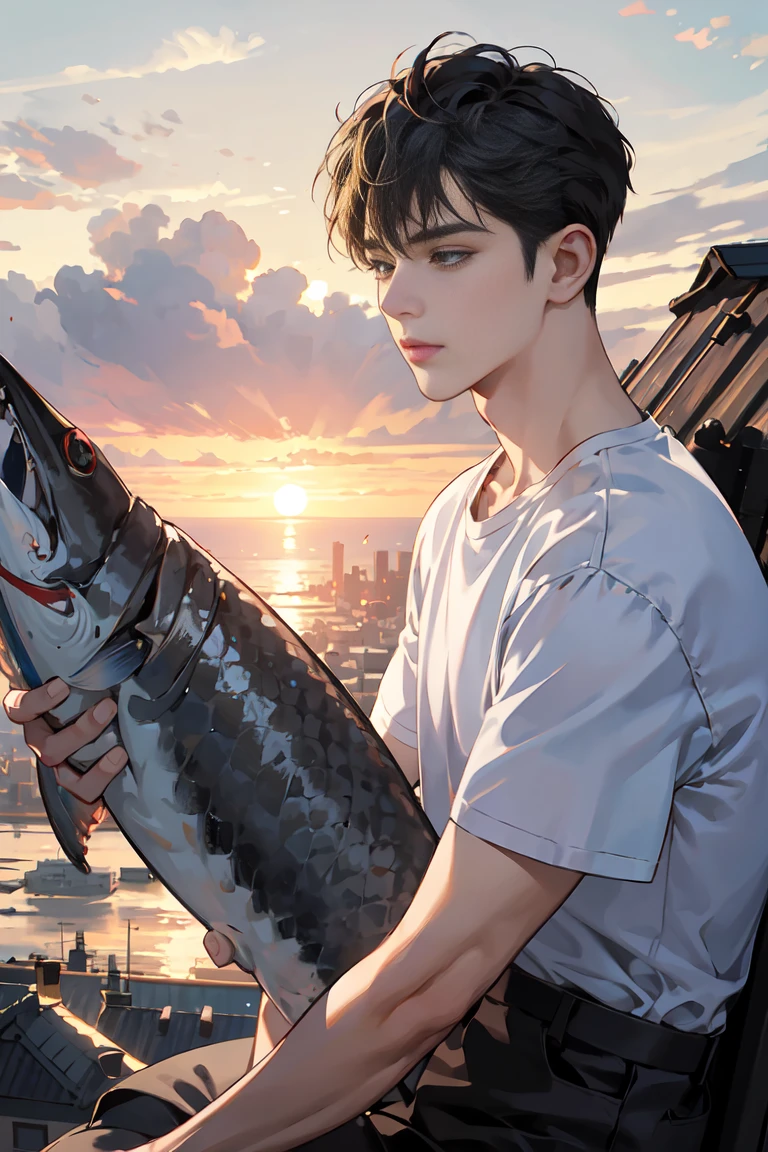 (absurd, mackerel, very detailed, realistic, ), 1 Boy,mature, alone, black short hair, white t shirt,brown eyes,(look at the sky),,I look at the sunset while blowing my hair on the roof of a building., Ultra-detailed, best quality, detailed diagram, Vectorization, 8k, graphic design, vector lines, full hd, Cover your whole body from head to feet, Draw the character as if you are looking at it from a distance.