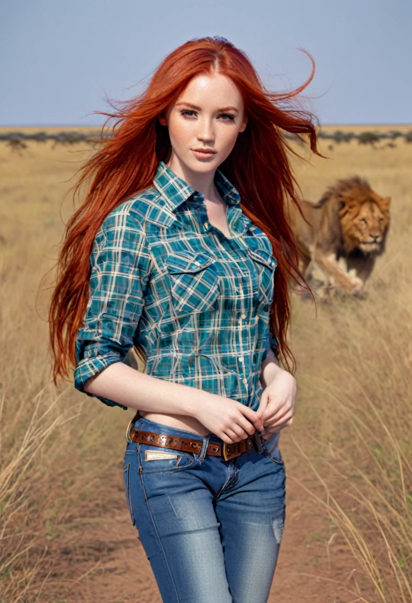 realistic ltra, Photography, long red hair, Girl, 24 years old, perfect body, flirtatious look, extremely detailed artistic germ, In the Artgerm style, walking through the savanna, In the background a pride of lions resting, She is dressed in jeans and a plaid shirt, 35mm lens, long legs, hands in pockets