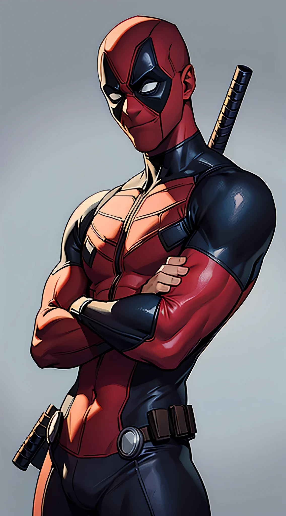 Deadpool very serious with crossed arms looking at the viewer with gray background