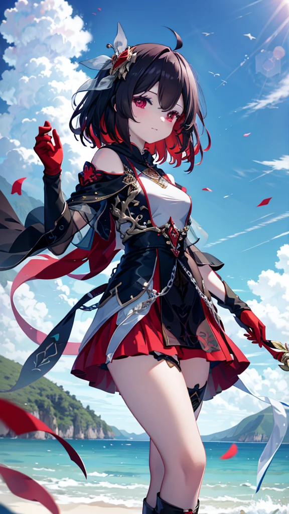 girl，Clarity，high-definition，High Detail，Rich in details，transparent，纹理Clarity，beauty，grace，nature，Red eyes，long hair，Hoodie，Hair Bunch，Very long hair，starchasm，boots，Garter stockings