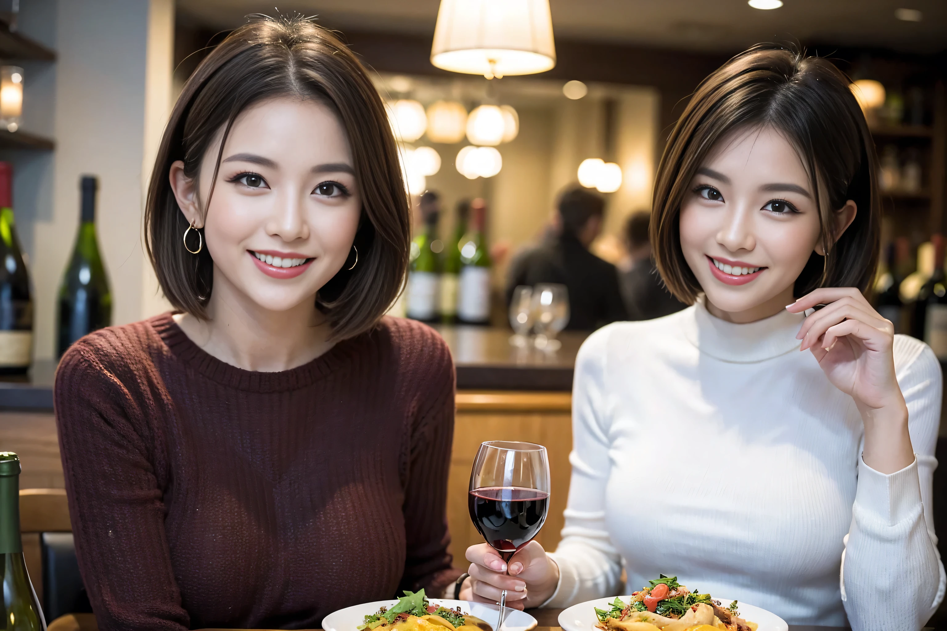 (Realistic:1.1),(masterpiece,Highest quality),8k,(49 years old), 53 years old, ベリーslimボディ、slimカップル、Tight waist,Upper Body,full-course dinner、wine 、Amazing view of the sunset sky and clouds、Perfect Anatomy, Brown Hair, short hair,Random Hairstyles,((Highly detailed face and eyes:1.2)),Perfect golden ratio face,Long sleeve shirt、dress,(smile:1.2)、Shortcuts、cute、(Realistic, Intricate details:1.2), A bright smile、short hair,Bright Face、赤wine 、Appetizers、Italian food、wine bottle、Champagne、スパークリングwine、(slimな顔), (The body is slim), (Brown Hair), (Shortcuts), Upper Body, 白wine, slim, wineグラス,