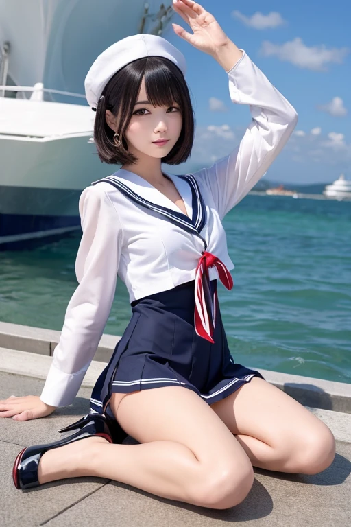 white sailor school uniform top, red tie, school swimsuit, blue one-piece swimsuit, sailor collar, white socks, loafers,