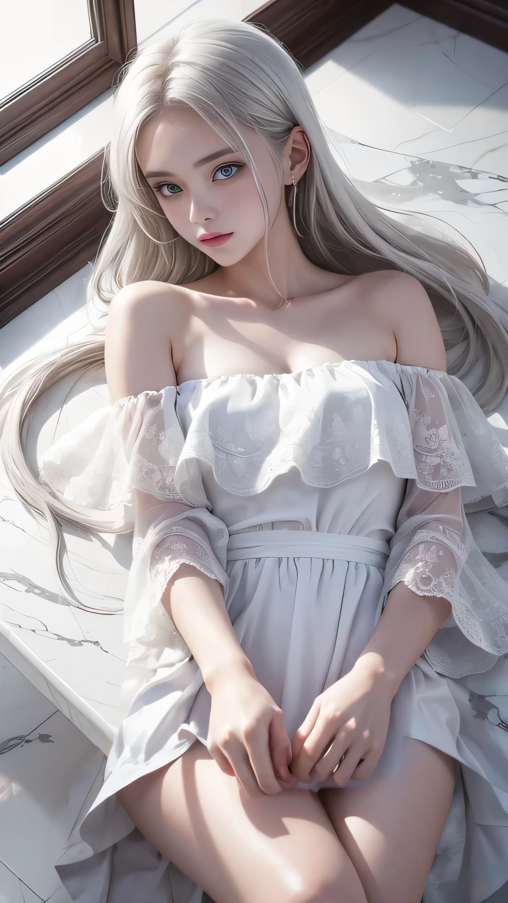 Sweet girl dress2,dress, ((knee shot)), (Realistic), real picture, lifelike,high resolution,1 female,solo,Lift your hips,Sexy beauty,slim body,slender legs,lean forward,elegant posture,sensual and alluring poses,Warm colors,beautiful eyes,looki at viewer,intimate lips,Delicate face,white hair,long hair,library