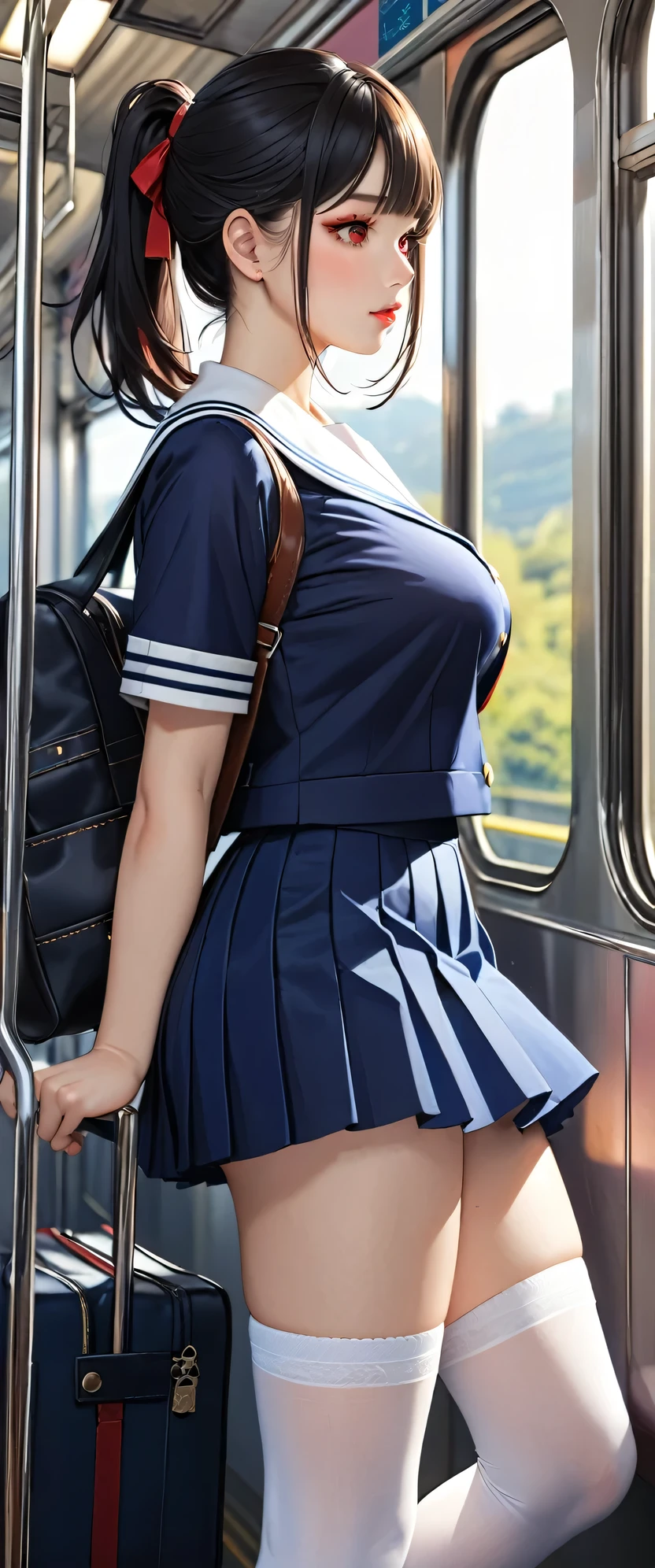 Highest quality、High resolution、Detailed Background、Beautiful face in every detail、Teenage beauty、Detailed red eyes、Realistic、Huge breasts、Perfect body line、Black Hair、Bobcut、ponytail、well-groomed eyebrows、Cute Lip Makeup、A short-sleeved shiny navy blue sailor suit、White sailor collar、Navy blue pleated skirt、White Stockings、on the train、(Side view of a beautiful girl commuting to school on the train:1.5)、so beautiful