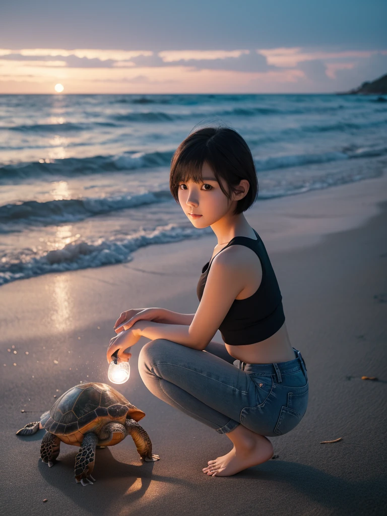 photo realistic, a Korean girl, short hair, wearing a gray tanktop, short jeans, was squatting on the beach while helping a large turtle who wanted to go down to the sea, outdoor atmosphere on the beach at night, pitch black, flashlight focused on him. Photo taken from the bottom angle, focus on the feet.