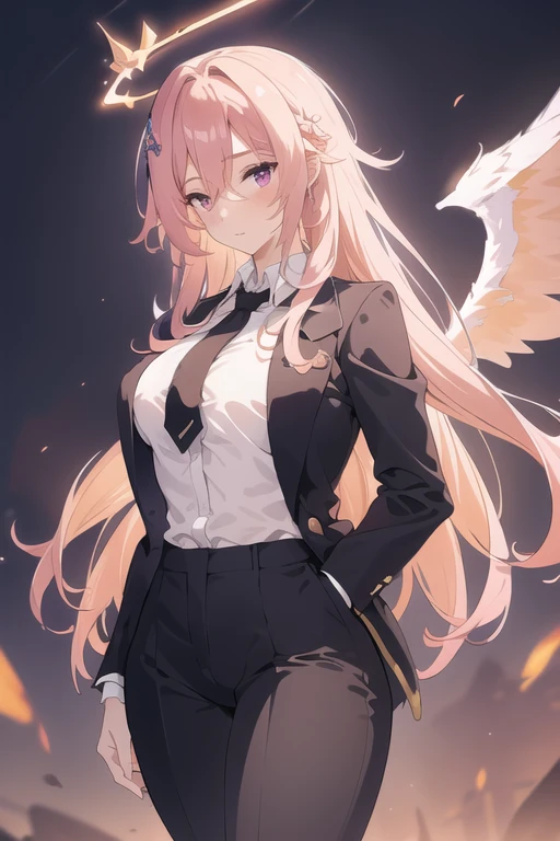 beautiful young woman, lithe physique, long messy peach colored hair, magenta eyes, halo, crown, white shirt, black tie, black jacket, black pants, suit and tie, small breasts, large ass, thighs, highly detailed, 8k, photorealistic, dramatic lighting, cinematic, elegant, fashion portrait, angel, angelic, wings,