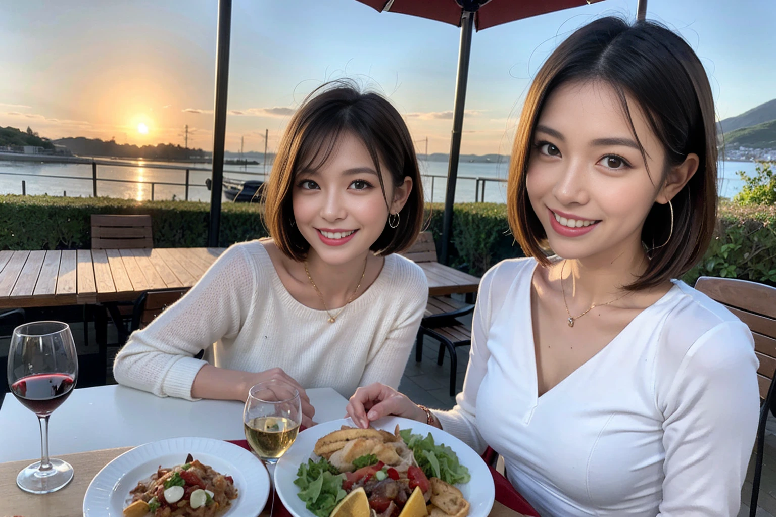 （Realistic:1.1）,(masterpiece,Highest quality)，8k,(49 years old), 53 years old, ベリーslimボディ、slimカップル、Tight waist,Upper Body,full-course dinner、wine 、Amazing view of the sunset sky and clouds、Perfect Anatomy, Brown Hair, short hair,Random Hairstyles,((Highly detailed face and eyes:1.2))，Perfect golden ratio face，Long sleeve shirt、dress,(smile:1.2)、Shortcuts、cute、(Realistic, Intricate details:1.2), A bright smile、short hair,Bright Face、赤wine 、Appetizers、Italian food、wine bottle、Champagne、スパークリングwine、(slimな顔), (The body is slim), (Brown Hair), (Shortcuts),  Upper Body, 白wine, slim, wineグラス, 