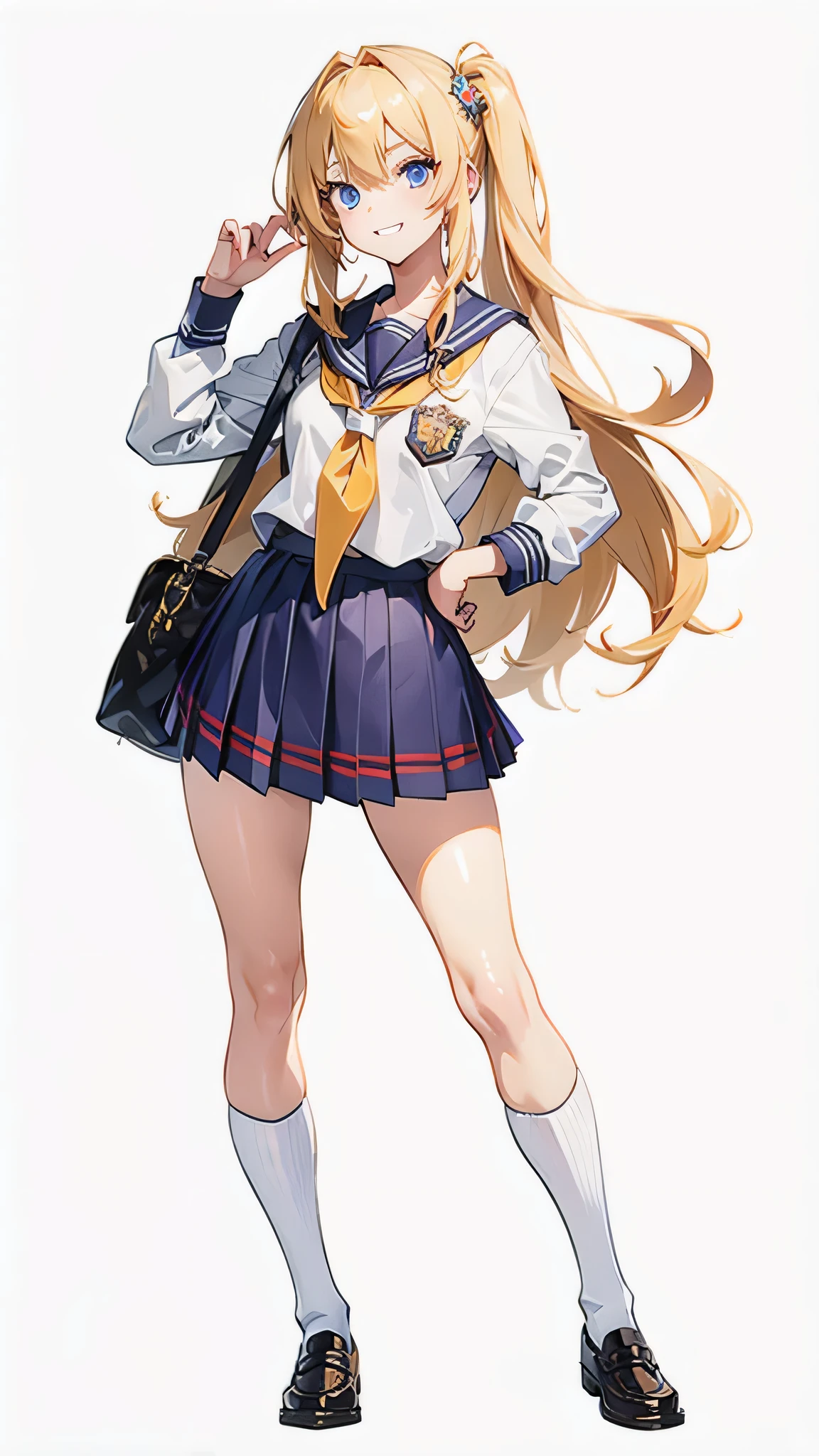 Ultra-detailed, master piece, best quality, high resolution, beautiful eyes, detailed eyes, detailed face, Grin, (School uniform: 1.5), A cute, lively, and cool girl with blonde hair and tan skin, wearing a detailed and vibrant , in a full-body frontal pose. Depicted with intricate facial features and design elements inspired by Kim Hyung-tae's character designs