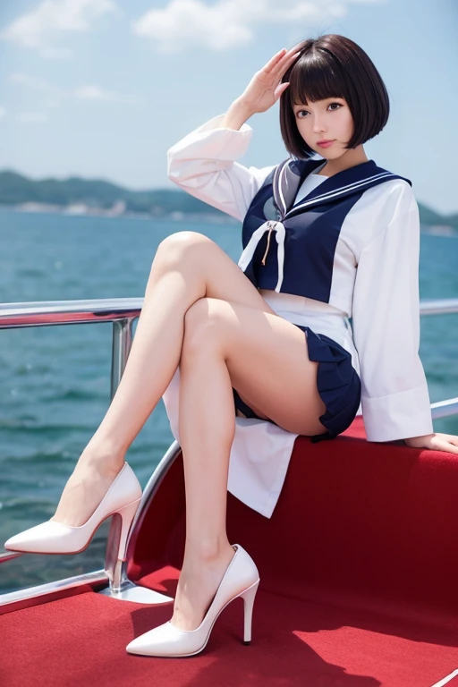 Sailor suit、High heels、Beautiful feet、sexy、salute、Bob Hair、anime