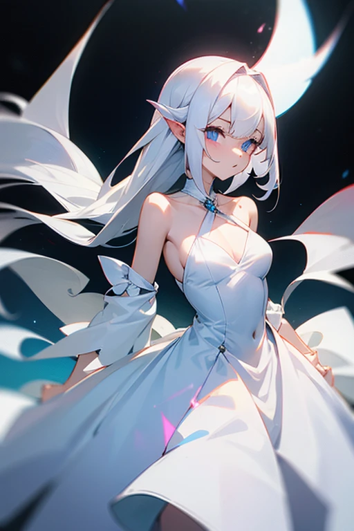 White-haired girl，White one-shoulder dress，Succubus