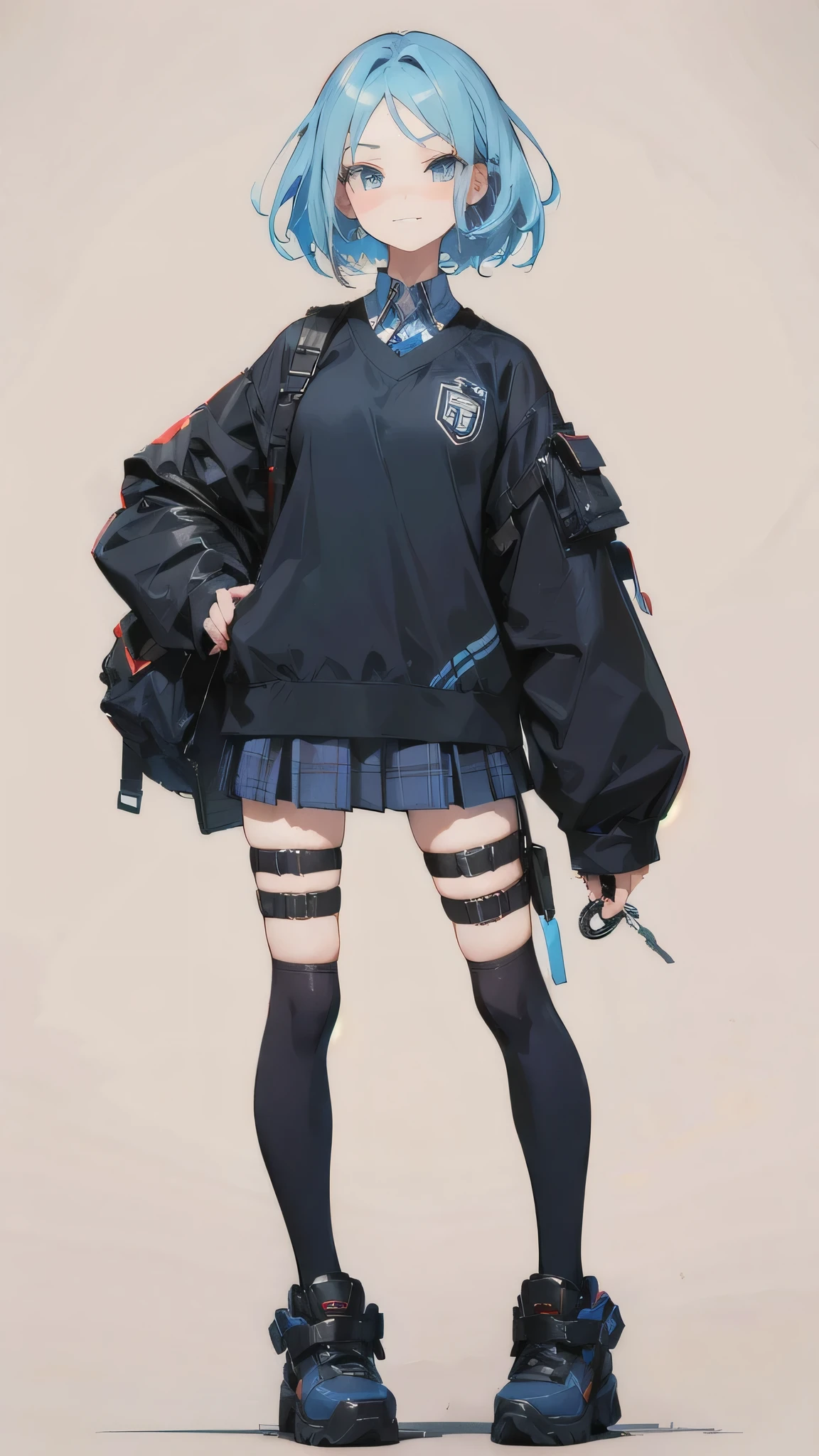 Ultra-detailed, master piece, best quality, high resolution, beautiful eyes, detailed eyes, detailed face, Grin, A cute and lively girl with short blue hair, wearing a detailed and vibrant , in a full-body frontal pose. She is a member of the soccer club, depicted with intricate facial features and design elements