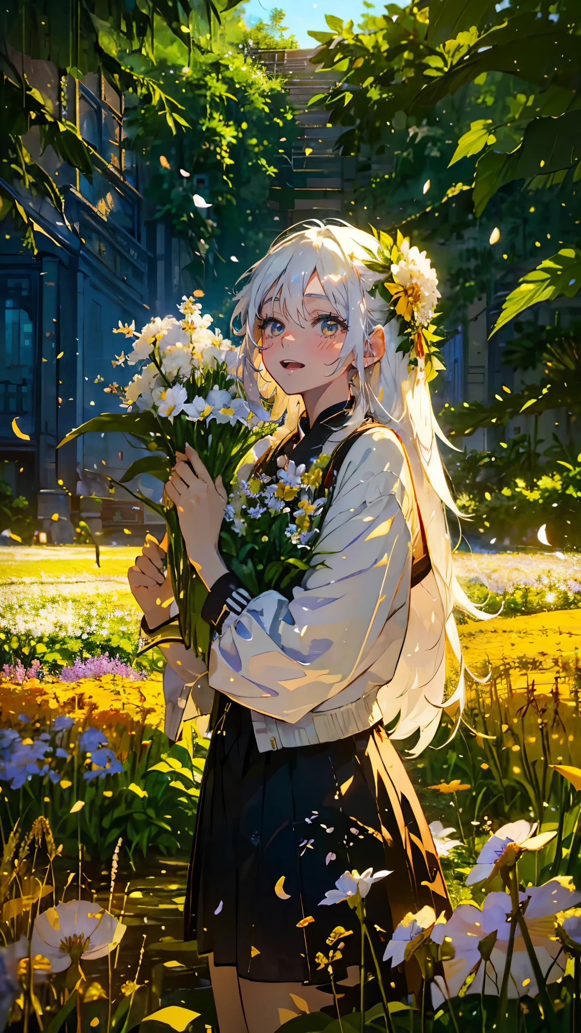 (Mastepiece), (Best Quality), Very detailed, 1 girl, (Solo Shooting:1.4), Perfect Face, beautiful girl, Very detailedな顔,(Long white hair:1.5),(Green Eyes:1.4),(Lots of butterflies々:1.2)、bird、A city with no one、(Abandoned City、Plants、Flower Field:1.4)、(Lots of petals:1.3)、Fairy、mysterious、Fantasy、beautiful、beautiful、(Close your eyes and laugh:1.3)、(A big smile:1.4)、jump