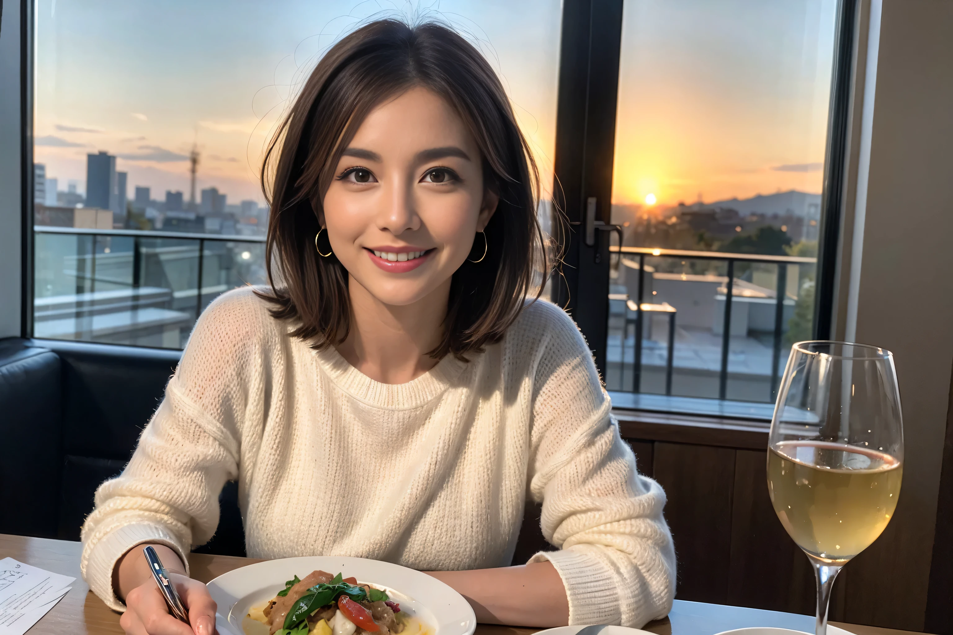 （Realistic:1.1）,(masterpiece,Highest quality)，8k,(49 years old), 53 years old, ベリーslimボディ、slimカップル、Tight waist,Upper Body,full-course dinner、wine 、Amazing view of the sunset sky and clouds、Perfect Anatomy, Brown Hair, short hair,Random Hairstyles,((Highly detailed face and eyes:1.2))，Perfect golden ratio face，Long sleeve shirt、dress,(smile:1.2)、Shortcuts、cute、(Realistic, Intricate details:1.2), A bright smile、short hair,Bright Face、赤wine 、Appetizers、Italian food、wine bottle、Champagne、スパークリングwine、(slimな顔), (The body is slim), (Brown Hair), (Shortcuts),  Upper Body, 白wine, slim, wineグラス, 