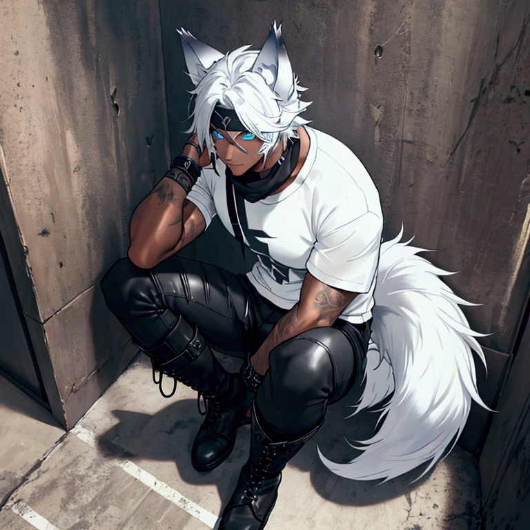 masculine guy ((wearing black boots)), full body shot, viewed from above, sweating, ((white skin)), bulge, short cropped ombre hair, ((has wolf ears)), ((has wolf tail)), smoky grunge punk graffiti, wearing leather pants, ((he is solo, he is alone)), has detailed glowing blue eyes, wearing bandana and leather wrist bands, wearing a loose t-shirt, muscular thighs