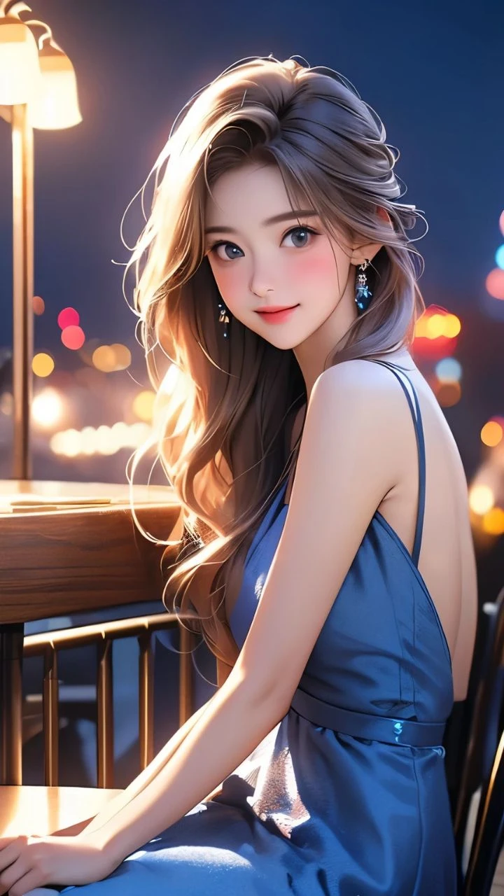 (8K, highest quality, masterpiece: 1.2), (realistic, photorealistic: 1.37), Super detailed, one girl, cute, alone, midnight, beautiful detailed sky, Detailed cafe, sitting, date, (blush), (smile: 1.15), small (closed your mouth), beautiful small eyes, Floating hair NovaFrogStyle, open back dress, blue rose accessories, Blue roses background