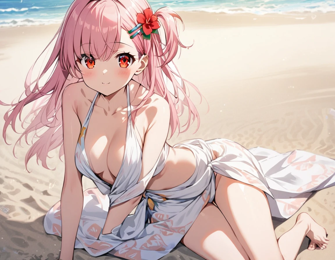 1 girl(white pareo, pink hair, half side up hair, flower hair clip, red eye, barefoot), sea side beach,